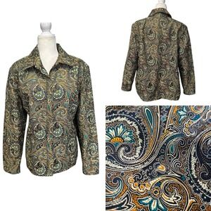Womens Plus Sz 1X Paisley Tapestry Embroidered Boho Zip Up Jacket Metallic Artsy